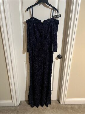 Xscape Navy Off-Shoulder Lace Long Sleeve Evening Gown